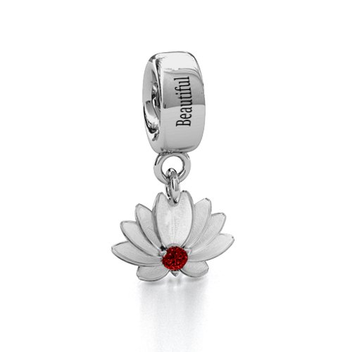 Splendid Lotus Flower Bracelet Charm – Sterling Silver with Garnet
