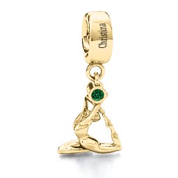 One Legged King Pigeon Yoga Bracelet Charm in 9K Solid Yellow Gold with Emerald