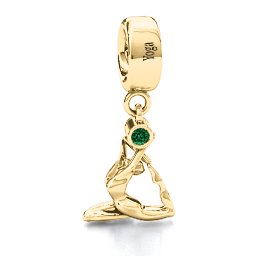 One Legged King Pigeon Yoga Bracelet Charm in 9K Solid Yellow Gold with Emerald