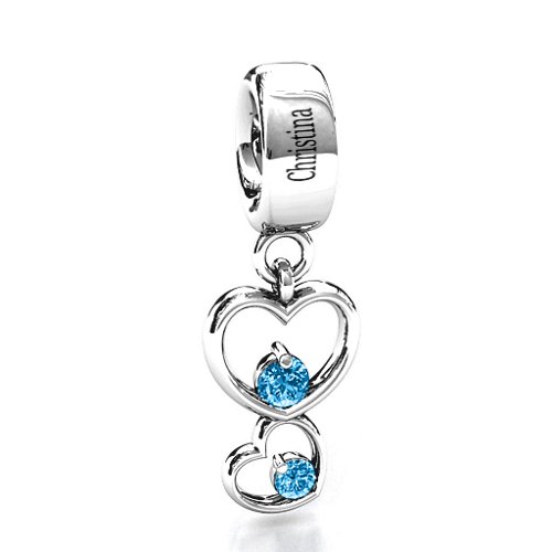 Double Heart Nest Bracelet Charm – Sterling Silver with Blue Topaz