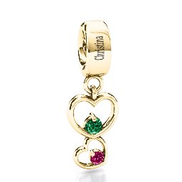 Double Heart Nest Bracelet Charm in 9K Solid Yellow Gold with Emerald and Ruby