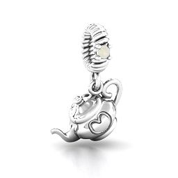 Teapot with Hearts Bracelet Charm in 925 Sterling Silver with Opal