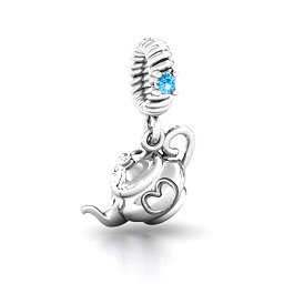 Teapot with Hearts Bracelet Charm in 925 Sterling Silver with Blue Topaz