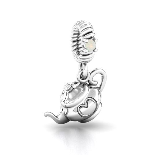 Teapot with Hearts Bracelet Charm – Sterling Silver with Opal