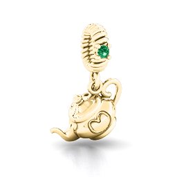 Teapot with Hearts Bracelet Charm in 9K Solid Yellow Gold with Emerald