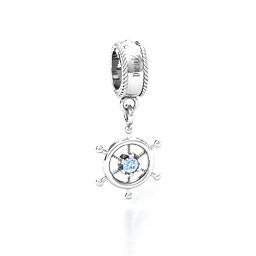 Ship's Wheel Bracelet Charm in 925 Sterling Silver with Aquamarine