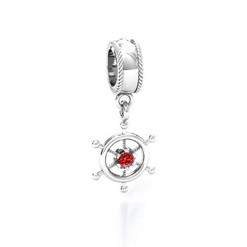 Ship's Wheel Bracelet Charm – Sterling Silver with Garnet