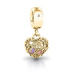 A Mother's Love Caged Bracelet Charm in 9K Solid Yellow Gold with Amethyst, Pink Tourmaline, and Cubic Zirconia