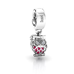 Scholarly Owl Caged Bracelet Charm in 925 Sterling Silver with Ruby and Garnet
