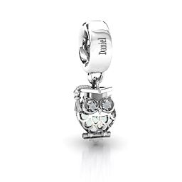 Scholarly Owl Caged Bracelet Charm in 925 Sterling Silver with Opal and Garnet
