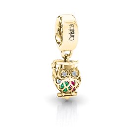 Scholarly Owl Caged Bracelet Charm in 9K Solid Yellow Gold with Emerald, Ruby, Cubic Zirconia, and Garnet