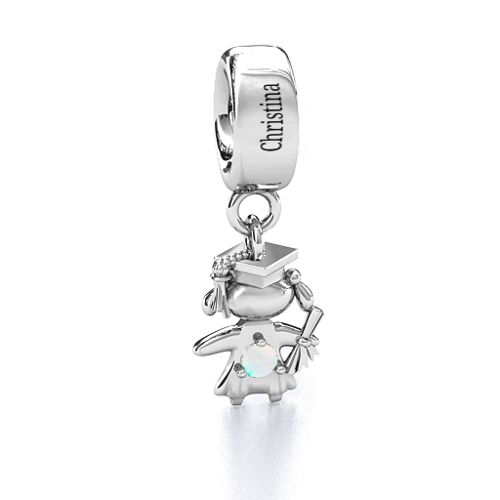 She Graduated! Bracelet Charm – Sterling Silver with Opal