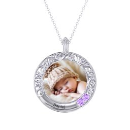 Round Engravable Filligree Photo Frame Necklace in 925 Sterling Silver with Amethyst