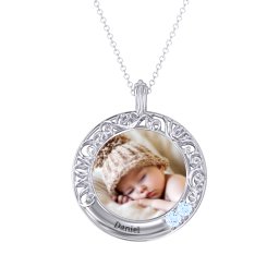 Round Engravable Filligree Photo Frame Necklace in 925 Sterling Silver with Aquamarine and Amethyst