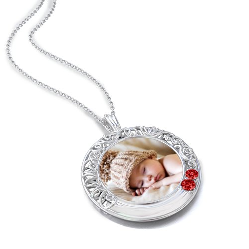 Round Engravable Filligree Photo Frame Necklace – Sterling Silver with Garnet