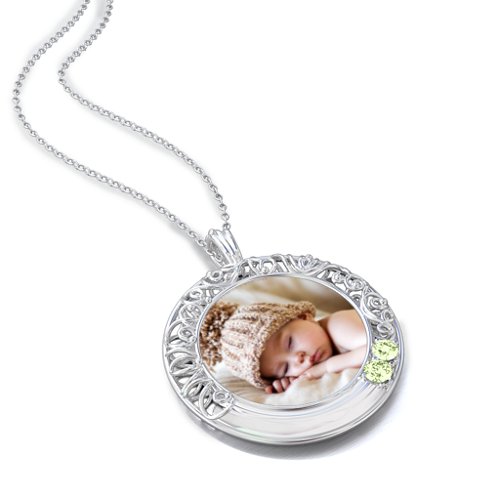 Round Engravable Filligree Photo Frame Necklace – Sterling Silver with Peridot
