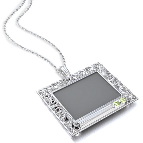 Rectangular Engravable Filligree Photo Frame Necklace – Sterling Silver with Peridot