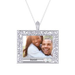Rectangular Engravable Filligree Photo Frame Necklace in 925 Sterling Silver with Opal and Amethyst