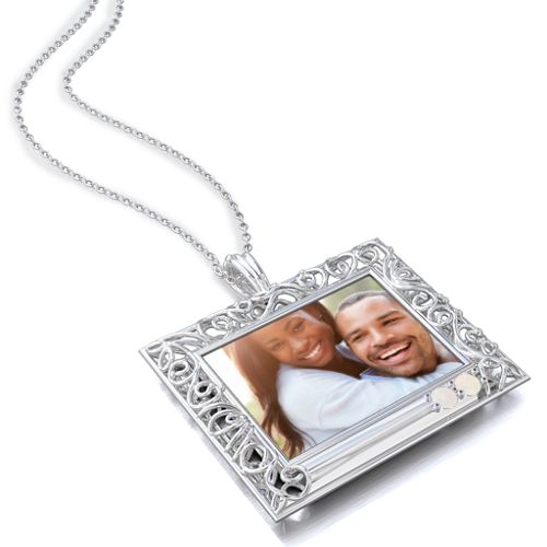Rectangular Engravable Filligree Photo Frame Necklace – Sterling Silver with Opal