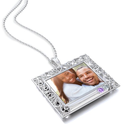 Rectangular Engravable Filligree Photo Frame Necklace – Sterling Silver with Amethyst and Cubic Zirconia