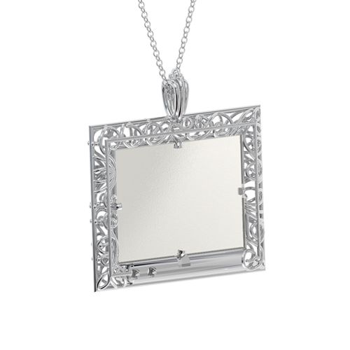 Rectangular Engravable Filligree Photo Frame Necklace – Sterling Silver with Opal