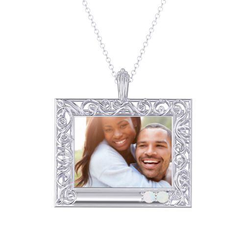 Rectangular Engravable Filligree Photo Frame Necklace – Sterling Silver with Opal