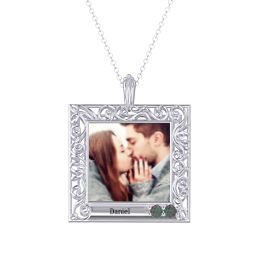 Square Engravable Filligree Photo Frame Necklace in 925 Sterling Silver
