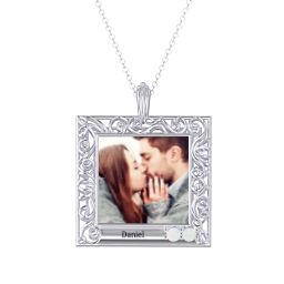 Square Engravable Filligree Photo Frame Necklace in 925 Sterling Silver with Opal and Amethyst