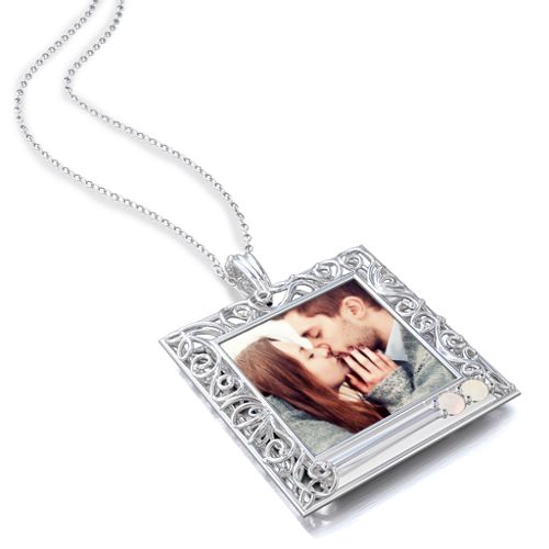 Square Engravable Filligree Photo Frame Necklace – Sterling Silver with Opal