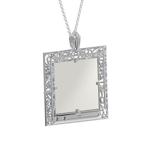 Square Engravable Filligree Photo Frame Necklace – Sterling Silver with Opal