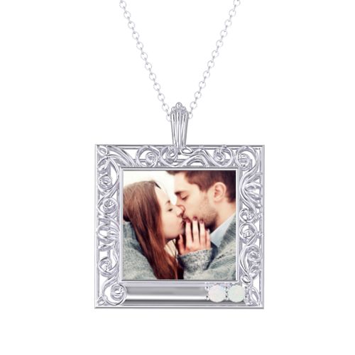 Square Engravable Filligree Photo Frame Necklace – Sterling Silver with Opal