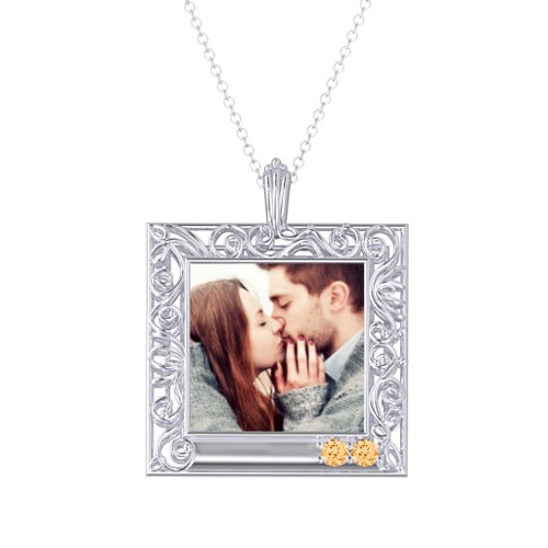 Square Engravable Filligree Photo Frame Necklace – Sterling Silver with Citrine