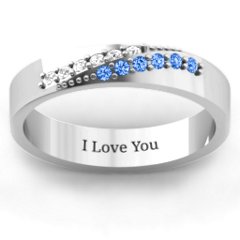 Women's Ridge Accent Diagonal Peak Ring – Sterling Silver with White Premium Zirconia and Fancy Blue Premium Zirconia