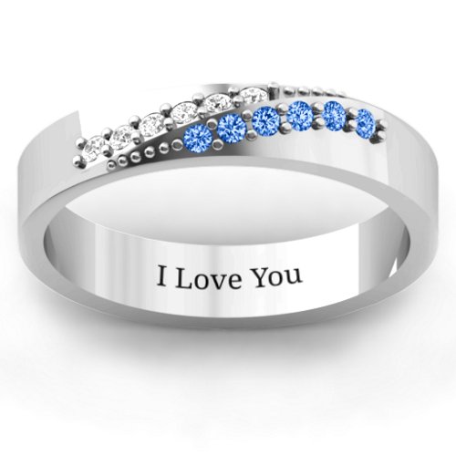 Women's Ridge Accent Diagonal Peak Ring – Sterling Silver with White Premium Zirconia and Fancy Blue Premium Zirconia
