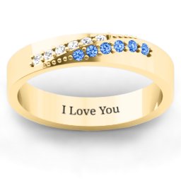 Women's Ridge Accent Diagonal Peak Ring in 9K Solid Yellow Gold with White Premium Zirconia and Fancy Blue Premium Zirconia