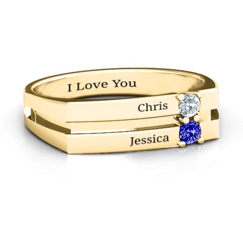 Women's Crevice Grooved Ring – 9kt Yellow Gold with Cubic Zirconia and Blue Sapphire