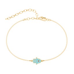 Hamsa Anklet with Accent Stone in 18K Gold Plated Silver with Black Premium Zirconia