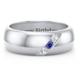 Men's Triple Stone Grooved Ring in 925 Sterling Silver with Cubic Zirconia and Blue Sapphire