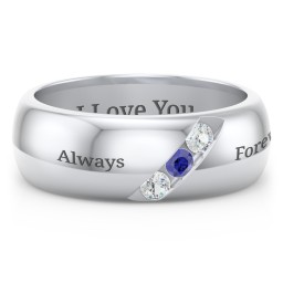 Men's Triple Stone Grooved Ring in 925 Sterling Silver with Cubic Zirconia and Blue Sapphire