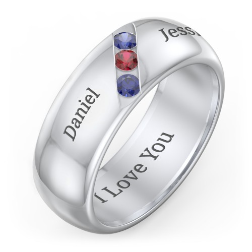 Men's Triple Stone Grooved Ring – Sterling Silver with Blue Sapphire and Garnet