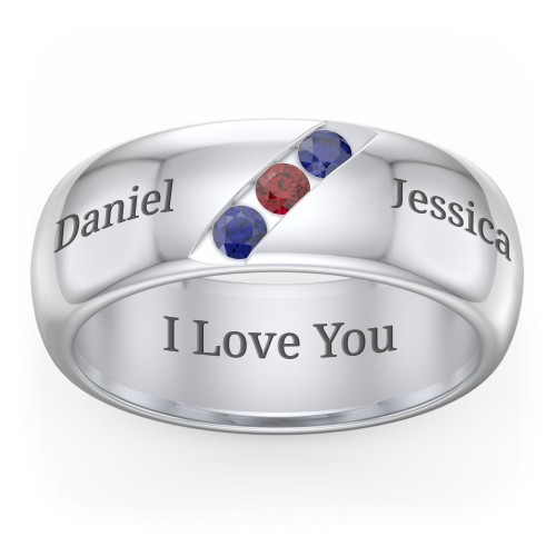 Men's Triple Stone Grooved Ring – Sterling Silver with Blue Sapphire and Garnet