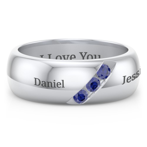 Men's Triple Stone Grooved Ring – Sterling Silver with Blue Sapphire