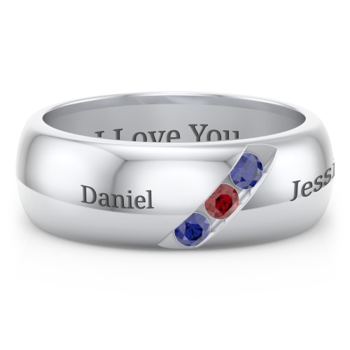 Men's Triple Stone Grooved Ring – Sterling Silver with Blue Sapphire and Garnet