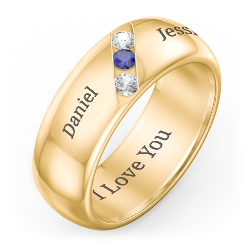 Men's Triple Stone Grooved Ring – 9kt Yellow Gold with Cubic Zirconia and Blue Sapphire
