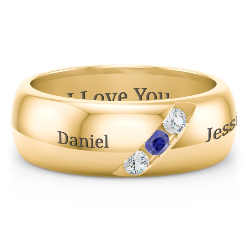 Men's Triple Stone Grooved Ring – 9kt Yellow Gold with Cubic Zirconia and Blue Sapphire