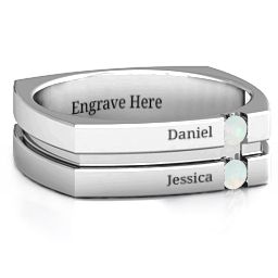 Men's Crevice Grooved Square-shaped Gemstone Ring in 925 Sterling Silver with Opal