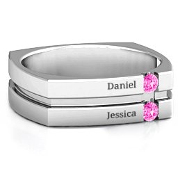 Men's Crevice Grooved Square-shaped Gemstone Ring in 925 Sterling Silver with Pink Tourmaline