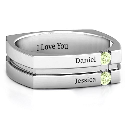 Men's Crevice Grooved Square-shaped Gemstone Ring – Sterling Silver with Peridot
