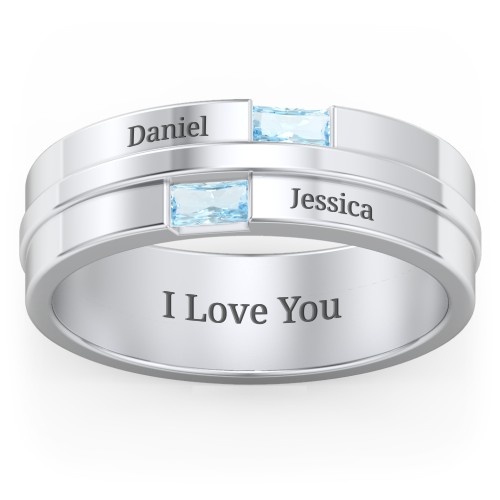 Men's Double Baguette Ring – Sterling Silver with Blue Topaz