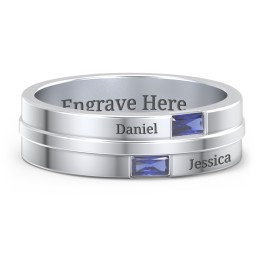 Men's Double Baguette Ring in 925 Sterling Silver with Blue Sapphire